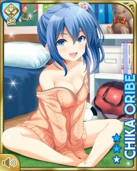 Rule 34 | 1girl, bed, bedroom, blue eyes, blue hair, bottomless, bow, breasts, card (medium), character name, cleavage, collarbone, girlfriend (kari), medium breasts, official art, open mouth, oribe chika, pillow, ponytail, poster (medium), qp:flapper, red bow, sitting, solo, stuffed animal, stuffed toy, sweater, tagme, teddy bear, unzipped, zipper