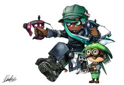 1boy 1girl aqua_eyes aqua_hair aqua_hat black_footwear black_leggings blue_coat blunt_bangs boots cabbie_hat closed_mouth coat commentary_request dapple_dualies_(splatoon) dark-skinned_female dark_skin dual_wielding floating_hair full_body hat highres holding holding_weapon inkling inkling_girl inkling_player_character leggings long_hair long_sleeves mhxbump nintendo pointy_ears sheldon_(splatoon) signature simple_background smile splatoon_(series) tentacle_hair weapon white_background