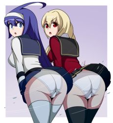 Rule 34 | 2girls, ahoge, ass, blonde hair, blue eyes, breasts, cameltoe, clothes lift, erika wagner, from behind, hairband, large breasts, leaning, leaning forward, long hair, looking at viewer, miniskirt, multiple girls, open mouth, orie ballardiae harada, panties, purple hair, red eyes, school uniform, shiny skin, shockwavecx, sideboob, skirt, skirt lift, thighhighs, under night in-birth, underwear, very long hair, wind, wind lift