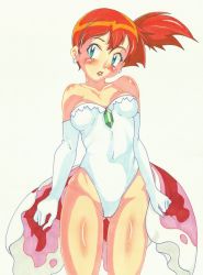 Rule 34 | 1girl, aqua eyes, arms at sides, bare shoulders, blush, breasts, cameltoe, cleavage, cosplay, covered navel, creatures (company), elbow gloves, embarrassed, female focus, full body, game freak, gen 1 pokemon, gloves, goldeen, goldeen (cosplay), highres, leotard, looking at viewer, misty (pokemon), nintendo, nose blush, open mouth, orange hair, pokemon, pokemon (anime), pokemon (classic anime), pokemon ep043, shiny skin, short hair, shy, side ponytail, standing, strapless, strapless leotard, white footwear, white gloves, white leotard