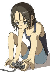 Rule 34 | 1girl, barefoot, black hair, black tank top, character request, commentary request, controller, game controller, game request, holding, holding controller, holding game controller, medium hair, playing games, shorts, simple background, sitting, sketch, solo, tank top, white background, yamamoto souichirou