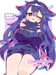 Rule 34 | 1girl, animal ears, breasts, cat ears, cleavage, colored inner hair, commission, highres, large breasts, long hair, multicolored hair, one eye closed, open mouth, original, outline, purple eyes, purple hair, skeb commission, solo, sweater, twitter username, uenomigi, virtual youtuber