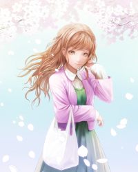 Rule 34 | 1girl, bag, brown eyes, brown hair, cherry blossoms, closed mouth, commentary request, long hair, long sleeves, looking at viewer, nekoita, original, shopping bag, smile, solo