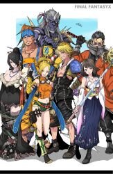 Rule 34 | 3girls, 4boys, absurdres, anraku cho, auron, ball, black hair, blonde hair, blue eyes, blue headband, breasts, broken horn, brown hair, cleavage, closed mouth, detached sleeves, everyone, final fantasy, final fantasy x, full body, gloves, green eyes, grey hair, hair ornament, hair stick, headband, heterochromia, highres, horns, japanese clothes, jewelry, kimahri ronso, long hair, looking at viewer, lulu (ff10), medium breasts, mole, mole under mouth, multicolored hair, multiple boys, multiple girls, navel, necklace, red eyes, red hair, rikku (ff10), short hair, single horn, skirt, smile, staff, sunglasses, sword, tidus, two-tone hair, wakka, weapon, white background, yuna (ff10)