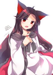 Rule 34 | 1girl, animal ears, brown hair, commentary request, dated, dress, enjoy mix, fang, imaizumi kagerou, long hair, looking at viewer, one-hour drawing challenge, open mouth, parted bangs, red dress, red eyes, signature, simple background, solo, tail, touhou, twitter username, two-tone dress, white background, white dress, wolf ears, wolf girl, wolf tail