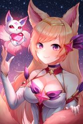 Rule 34 | 1girl, ahri (league of legends), animal ears, bare shoulders, blush, breasts, choker, cleavage, detached sleeves, fox ears, fox tail, grey sleeves, hair ornament, heart, highres, holding, holding heart, large breasts, league of legends, looking at viewer, pink eyes, purple choker, shrimp cake, smile, solo, star (symbol), star guardian (league of legends), star guardian ahri, star hair ornament, tail, upper body
