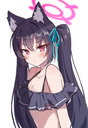 Rule 34 | 1girl, animal ear fluff, animal ears, bare shoulders, bikini, black bikini, black hair, blue archive, breasts, cleavage, closed mouth, collarbone, extra ears, frilled bikini, frills, frown, hair ribbon, halo, highres, long hair, looking at viewer, off-shoulder bikini, off shoulder, pn (wnsl216), red eyes, ribbon, serika (blue archive), serika (swimsuit) (blue archive), solo, swimsuit, twintails, upper body, v-shaped eyebrows