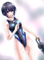Rule 34 | 1girl, black hair, black one-piece swimsuit, coma (coma303), commentary request, competition swimsuit, highleg, highleg swimsuit, highres, idolmaster, idolmaster cinderella girls, looking at viewer, medium hair, one-piece swimsuit, purple eyes, shirayuki chiyo, short hair, solo, swimsuit, thermos, two-tone swimsuit, wet, wet clothes, wet swimsuit