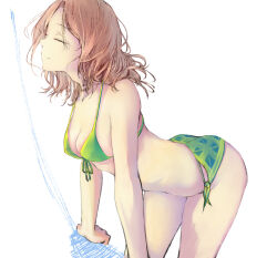 Rule 34 | 1girl, alternate costume, ass, bare shoulders, bikini, breasts, brown hair, cleavage, closed eyes, doll60055, elden ring, green bikini, highres, light smile, medium breasts, medium hair, melina (elden ring), solo, stretching, swimsuit, white background