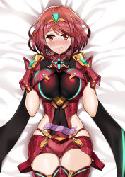 Rule 34 | 1girl, armor, bed, bed sheet, blush, breasts, covered navel, dakimakura (medium), earrings, gem, gloves, hair ornament, headpiece, highres, jewelry, large areolae, large breasts, lying, naughty face, nintendo, open mouth, pervert, pussy, pyra (xenoblade), red hair, shizuru kochiya, short hair, solo, sweat, teeth, thighs, tiara, tongue, topless, wet, xenoblade chronicles (series), xenoblade chronicles 2
