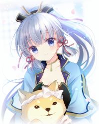 Rule 34 | 1girl, animal, armor, ayaka (genshin impact), blue eyes, blurry, blurry background, blush, breastplate, closed mouth, collarbone, commentary request, cropped jacket, depth of field, dog, genshin impact, head tilt, long hair, looking at viewer, petals, ponytail, shirogane hina, short sleeves, silver hair, smile, solo, very long hair