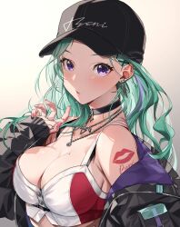 Rule 34 | 1girl, absurdres, bare shoulders, baseball cap, blush, bra strap, breasts, choker, cleavage, crop top, green hair, hat, highres, jacket, jewelry, large breasts, long hair, looking at viewer, mole, mole on breast, multicolored hair, necklace, open mouth, pink nails, purple eyes, purple hair, ruo19, streaked hair, upper body, virtual youtuber, vspo!, yakumo beni