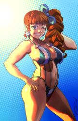 Rule 34 | 1girl, alternate hairstyle, belly, bikini, bliss barson, blue eyes, blue lips, bow, breasts, brown hair, cryamore, curly hair, curvy, earrings, eyeshadow, hair bow, hand on own hip, jewelry, large breasts, lipstick, long hair, makeup, mole, navel, robaato, side ponytail, sideboob, solo, swimsuit