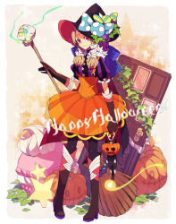 Rule 34 | 1girl, bow, dress, ebira, halloween, happy halloween, hat, jack-o&#039;-lantern, md5 mismatch, orange dress, original, pumpkin, solo, staff