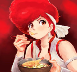 Rule 34 | 1980s (style), 1girl, bad id, bad pixiv id, blouse, commentary, dirty pair, earrings, eating, eyelashes, food, headband, jewelry, kei (dirty pair), lafolie, looking at viewer, noodles, oldschool, pompadour, red background, red hair, retro artstyle, shirt, short hair, shrimp, shrimp tempura, sleeveless, sleeveless shirt, soba, solo, tempura
