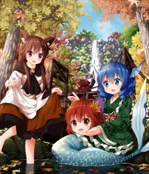 Rule 34 | 3girls, :d, animal ears, autumn leaves, barefoot, blue eyes, blue hair, blush, bridge, brooch, cape, cellphone, clothes lift, day, disembodied head, dress, dress lift, drill hair, falling leaves, fins, fish tail, floating, forest, full body, hair ornament, head fins, highres, imaizumi kagerou, japanese clothes, jewelry, kimono, leaf, leaf hair ornament, lifted by self, long sleeves, looking at another, mermaid, monster girl, multiple girls, nature, obi, open mouth, outdoors, partially submerged, phone, red eyes, red hair, river, ruu (tksymkw), sash, sekibanki, sidelocks, smartphone, smile, tail, touhou, wading, wakasagihime, water, waterfall, wide sleeves, wolf ears