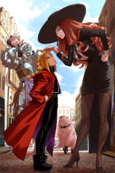 Rule 34 | ahoge, alphonse elric, animal, anya (spy x family), armor, black dress, blonde hair, blue sky, bond (spy x family), braid, braided ponytail, brown hair, brown pantyhose, child, cloud, coat, crossover, day, dog, dress, edward elric, full body, fullmetal alchemist, glasses, haraya manawari, hat, height difference, helmet, high heels, highres, long hair, looking at another, looking down, looking up, outdoors, pantyhose, pink hair, plume, red coat, sitting on shoulder, sky, spy x family, sun hat, sylvia sherwood, tall female