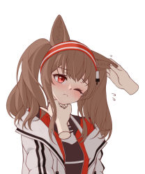 Rule 34 | 1girl, 1other, :&lt;, ambiguous gender, angelina (arknights), animal ears, arknights, black shirt, blouse, blush, chinese commentary, coat, commentary request, disembodied limb, flying sweatdrops, fox ears, hairband, hand on another&#039;s chin, highres, jacket, lxjun 09, one eye closed, open clothes, open coat, open jacket, out of frame, red eyes, red hairband, red jacket, shirt, simple background, solo focus, striped clothes, striped hairband, stroking another&#039;s chin, tearing up, twintails, upper body, white background, white coat