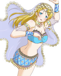 Rule 34 | 10s, 1girl, :d, alternate costume, arabian clothes, arm warmers, armlet, arms up, ass, ayase eli, blonde hair, blue eyes, blue skirt, breasts, butt crack, circlet, cleavage, cowboy shot, earrings, from behind, gem, hair down, jewelry, large breasts, long hair, looking at viewer, love live!, love live! school idol festival, love live! school idol project, midriff, open mouth, poruporu, see-through, simple background, skirt, smile, solo, veil, white background