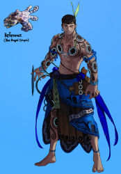 Rule 34 | 1boy, abs, anklet, barefoot, black hair, blue-ringed octopus, blue background, blue feathers, cross scar, dark-skinned male, dark skin, earrings, english text, facial scar, feathers, highres, hoop earrings, jewelry, large pectorals, leaf, male focus, muscular, muscular male, navel, octopus, one eye closed, original, parted lips, pectorals, personification, rinotuna, rope, scar, scar across eye, scar on cheek, scar on face, short hair, simple background, smile, solo, tattoo, topless male