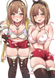 Rule 34 | 1girl, :d, :o, ass, atelier (series), atelier ryza, atelier ryza 1, bikini, bikini top only, black hairband, blush, boots, breasts, brown eyes, brown footwear, brown gloves, brown hair, brown thighhighs, cleavage, clothing cutout, collarbone, fang, floral print, gloves, hair between eyes, hair ornament, hairband, hairclip, hand on own hip, hat, highres, jacket, jewelry, large breasts, leaning forward, leather, leather gloves, looking at viewer, medium hair, midriff, multiple views, navel, necklace, open mouth, red shorts, reisalin stout, shiny skin, short shorts, shorts, shoulder cutout, simple background, single glove, skindentation, smile, spicy moo, stomach, sweatdrop, swimsuit, teeth, thigh boots, thigh gap, thighhighs, thighs, translated, tsurime, white background, white bikini, white headwear