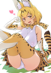 Rule 34 | 10s, 1girl, :d, animal ears, animal print, ass, blonde hair, blush, bow, bowtie, breasts, cat ears, cat tail, elbow gloves, fang, gloves, hair over one eye, heart, joy ride, kemono friends, large breasts, legs up, looking at viewer, open mouth, panties, pantyshot, print thighhighs, serval (kemono friends), serval print, serval tail, short hair, sitting, smile, solo, tail, thighhighs, thighs, tiger print, tiger tail, underwear, white panties, yellow bow, yellow bowtie, yellow eyes