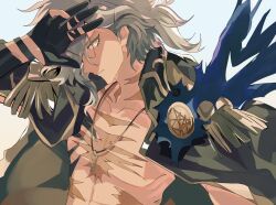Rule 34 | 1boy, black gloves, edmond dantes (fate), fate/grand order, fate (series), from side, gloves, grey background, grey hair, hair over one eye, hand up, jacket, jacket on shoulders, jewelry, key, key necklace, looking at viewer, male focus, necklace, parted lips, ptptprpr, short hair, solo, toned, toned male, topless male, upper body, wavy hair, yellow eyes