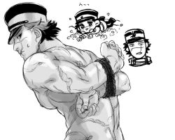 Rule 34 | 1boy, aoi (husiginokuninoa), arms behind back, bara, chibi, chibi inset, doodle inset, from behind, golden kamuy, greyscale, hat, kepi, large pectorals, looking ahead, looking at flowers, looking at viewer, lying, male focus, military hat, monochrome, muscular, muscular male, nipples, nude, on stomach, pectorals, raised eyebrow, rope, scar, scar on face, scar on mouth, scar on nose, scars all over, short hair, solo focus, sparkle, sugimoto saichi, sweatdrop, too many, scars all over, upper body