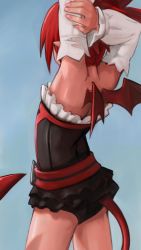 Rule 34 | 1girl, arm up, armpits, blue background, corset, cowboy shot, demon girl, demon tail, demon wings, disgaea, dress, etna (disgaea), facing away, frilled dress, frills, highres, leotard, makai senki disgaea, paintrfiend, pointy ears, red hair, red tail, red wings, simple background, solo, stretched limb, stretching, tagme, tail, unfinished, wings