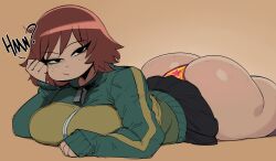 Rule 34 | 1girl, ass, ass focus, ass freckles, black eyes, bob cut, body freckles, breasts, brown hair, closed mouth, freckles, highres, huge ass, jacket, kim pine, krekkov, large breasts, looking at viewer, multicolored clothes, red hair, scott pilgrim (series), scott pilgrim takes off, short hair, skirt, solo, thick thighs, thighs, thong