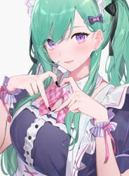 Rule 34 | 1girl, black nails, blush, bow, bowtie, detached collar, earrings, green hair, hair bow, heart, heart hands, highres, isaya (pixiv4541633), jewelry, long hair, looking at viewer, maid, maid headdress, pink bow, pink bowtie, purple eyes, smile, solo, twintails, virtual youtuber, vspo!, yakumo beni
