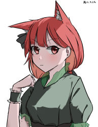 Rule 34 | 1girl, :3, absurdres, alternate hairstyle, animal ear fluff, animal ears, blunt bangs, cat ears, dress, frills, green dress, hair behind ear, hand up, highres, kaenbyou rin, looking at viewer, puffy short sleeves, puffy sleeves, red eyes, red hair, short sleeves, simple background, solo, touhou, upper body, ve1024, white background, wrist cuffs