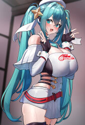 Rule 34 | 1girl, :d, absurdres, alternate breast size, aqua eyes, aqua hair, bare shoulders, beret, black gloves, black thighhighs, blush, breasts, cleavage, dishui tangni, double v, fingerless gloves, gloves, goodsmile racing, green nails, hat, hatsune miku, highres, huge breasts, long hair, microskirt, open mouth, pelvic curtain, racing miku, racing miku (2023), skirt, smile, solo, sweat, thighhighs, twintails, v, very long hair, vocaloid, zettai ryouiki