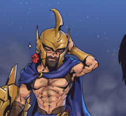 Rule 34 | 1boy, abs, armor, beard, blue cape, cape, closed eyes, facial hair, flower, flower in mouth, gold armor, hand up, helm, helmet, holding, holding shield, league of legends, male focus, mouth hold, muscular, muscular male, navel, night, night sky, pantheon (league of legends), phantom ix row, red flower, rose, shield, sky, solo, standing, upper body