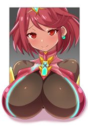 Rule 34 | 1girl, blush, border, breasts, closed mouth, earrings, glowing, gradient background, grey background, half-closed eyes, head tilt, highres, huge breasts, jewelry, konno tohiro, looking at viewer, nintendo, outside border, pyra (xenoblade), red eyes, red hair, shadow, shiny clothes, short hair, skin tight, smile, solo, swept bangs, tiara, turtleneck, upper body, white background, xenoblade chronicles (series), xenoblade chronicles 2