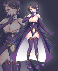 Rule 34 | bad id, bad pixiv id, bare shoulders, boots, breasts, brown eyes, cheese salami, cleavage, clothing cutout, earrings, elbow gloves, full body, gloves, grey background, highres, jewelry, knee boots, large breasts, long hair, looking at viewer, navel, navel cutout, purple gloves, purple hair, purple legwear, smile, standing, tiara, very long hair, zoom layer