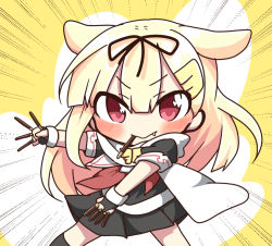 Rule 34 | &gt;:&gt;, &gt;:), 10s, 1girl, :&gt;, blonde hair, blush, chibi, cowboy shot, emphasis lines, fang, fingerless gloves, food, gloves, hair flaps, hair ornament, hairclip, jako (jakoo21), kantai collection, long hair, mouth hold, pleated skirt, pocky, pocky day, red eyes, revision, scarf, skirt, solo, two-tone background, v-shaped eyebrows, white background, yellow background, yuudachi (kancolle), yuudachi kai ni (kancolle)