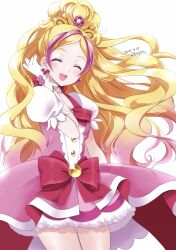 Rule 34 | 1girl, artist name, blonde hair, bow, bowtie, closed eyes, commentary, cure flora, dated, dress, earrings, facing viewer, gloves, go! princess precure, gradient hair, hand in own hair, haruno haruka, highres, jewelry, long hair, magical girl, multicolored hair, okayashi, open mouth, pink dress, pink hair, precure, puffy short sleeves, puffy sleeves, red bow, red bowtie, short dress, short sleeves, signature, simple background, smile, solo, standing, streaked hair, textless version, tiara, two-tone hair, white background, white gloves, wide ponytail