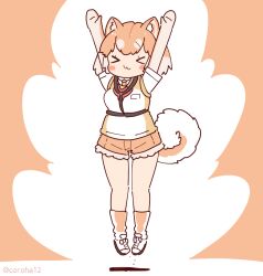 Rule 34 | 1girl, animal ears, arms up, brown background, brown hair, cardigan, coroha, dog (shiba inu) (kemono friends), dog ears, dog girl, dog tail, elbow gloves, extra ears, full body, gloves, jumping, kemono friends, looking at viewer, necktie, pantyhose, shirt, shoes, short hair, shorts, simple background, socks, solo, tail