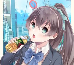 Rule 34 | 1girl, black jacket, blazer, blue bow, blue bowtie, blue eyes, bottle, bow, bowtie, brown hair, cardigan, commentary request, day, jacket, kantai collection, kukimaru, kumano (kancolle), long hair, official alternate costume, outdoors, ponytail, school uniform, sign, solo, twitter username, upper body