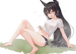 Rule 34 | 1girl, arm support, bare legs, barefoot, black hair, clothes lift, commentary, english commentary, full body, girls&#039; frontline, hair between eyes, headgear, highres, judge (girls&#039; frontline), legs, lemures, lifting own clothes, long hair, looking at viewer, navel, open mouth, sangvis ferri, shirt, shirt lift, shorts, sitting, solo, sweat, t-shirt, tongue, very long hair, white background, white shirt, yellow eyes