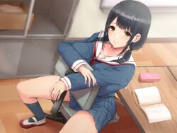 Rule 34 | 1girl, black socks, blue serafuku, blue shirt, blue skirt, blurry, blurry background, breast press, breasts, chair, commentary request, desk, highres, large breasts, loafers, long hair, non-web source, notebook, original, pencil, pencil case, pleated skirt, ryuu., sail, sailor collar, school uniform, serafuku, shirt, shoes, sidelocks, sitting, skirt, sleeveless, smile, socks, solo, spread legs, swivel chair, table, white footwear, white sailor collar, wooden floor