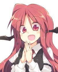 Rule 34 | 1girl, :d, armband, bat wings, blush, breasts, collared shirt, dress shirt, head wings, juliet sleeves, koakuma, long hair, long sleeves, looking at viewer, necktie, open mouth, own hands together, puffy sleeves, red eyes, red hair, red necktie, satou kibi, shirt, simple background, smile, solo, touhou, upper body, vest, white background, white shirt, wings