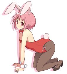 Rule 34 | 1girl, ahoge, all fours, animal ears, bad id, bad twitter id, bare shoulders, black footwear, bow, bowtie, breasts, brown pantyhose, bunny day, closed mouth, collar, commentary request, detached collar, fake animal ears, full body, high heels, leotard, looking at viewer, mel (melty pot), nonohara yuzuko, pantyhose, pink eyes, pink hair, playboy bunny, rabbit ears, rabbit girl, rabbit tail, red bow, red bowtie, red leotard, shoes, short hair, silhouette, simple background, small breasts, solo, strapless, strapless leotard, tail, white background, white collar, wrist cuffs, yuyushiki
