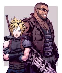 Rule 34 | 2boys, arm cannon, armor, bare arms, barret wallace, beard, belt, blonde hair, blue eyes, border, brown hair, buster sword, chest hair, closed mouth, cloud strife, commentary, cowboy shot, crossed arms, dark skin, dark-skinned male, datcravat, dog tags, facial hair, final fantasy, final fantasy vii, final fantasy vii remake, gauntlets, grin, highres, male focus, manly, multiple boys, muscular, outside border, pauldrons, serious, shoulder armor, sleeveless, sleeveless turtleneck, smile, spiked hair, sunglasses, sword, sword behind back, turtleneck, twitter username, vest, weapon, white border