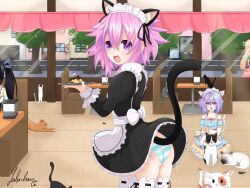 Rule 34 | 5girls, :d, alternate costume, animal ears, apron, artist name, ass, black ribbon, blanc (neptunia), blush, cafe, cat cafe, cat ears, cat tail, choujigen game neptune, commentary, english commentary, enmaided, fake animal ears, fake tail, food, frilled apron, frills, from side, hair between eyes, hair ribbon, happy, holding, holding tray, indoors, juliet sleeves, lalachan208, long sleeves, looking at viewer, maid, maid apron, maid cafe, maid headdress, medium hair, multiple girls, neptune (neptunia), neptune (series), noire (neptunia), open mouth, panties, pantyshot, pudding, puffy sleeves, purple eyes, purple hair, pururut, ribbon, ribbon-trimmed thighhighs, ribbon trim, smile, solo, solo focus, spiked hair, striped clothes, striped panties, tail, tail raised, tareme, thighhighs, tray, underwear, vert (neptunia), white apron, white thighhighs
