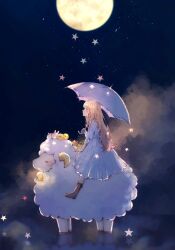 Rule 34 | 1girl, anna (k0130), blonde hair, boots, brown footwear, cloud, creature, dress, from side, full body, full moon, highres, holding, holding umbrella, long hair, moon, night, night sky, original, profile, riding, sheep, sky, solo, star (sky), umbrella, white dress
