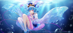 Rule 34 | 1girl, air bubble, blue hair, blurry, blurry background, bubble, commentary request, copyright notice, copyright request, depth of field, feet out of frame, frilled sleeves, frills, gradient hair, highres, itamidome, knees up, long hair, long sleeves, looking at viewer, multicolored hair, official art, own hands together, parted lips, purple eyes, purple hair, shirt, solo, underwater, water, white headwear, white shirt, wide sleeves