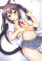 Rule 34 | 1girl, absurdres, animal ears, black hair, blush, brown eyes, cat ears, cat tail, clothes lift, food, happy birthday, highres, k-on!, lifting own clothes, long hair, looking at viewer, lying, nakano azusa, navel, on back, panties, pocky, pocky day, samoore, school uniform, skirt, skirt lift, solo, stomach, striped clothes, striped panties, tail, twintails, underwear