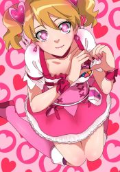 Rule 34 | 00s, 1girl, bad id, bad pixiv id, boots, bow, brown hair, choker, cure peach, dress, earrings, eyelashes, fresh precure!, hair ornament, hairpin, heart, heart-shaped pupils, heart hair ornament, heart hands, jewelry, kneeling, magical girl, momozono love, pink bow, pink eyes, pink footwear, precure, ribbon, rocd, short hair, smile, solo, symbol-shaped pupils, twintails